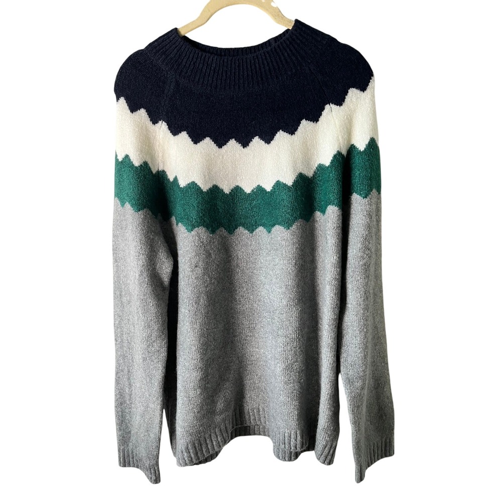Talbots Womens Large Chevron Colorblock Knit Sweater Navy Green Grey NEW